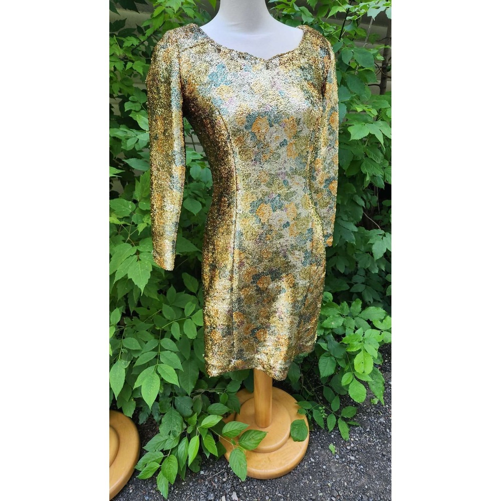 Vintage 60s Lurex Gold Floral Long Sleeve Cocktail‎ Midi Dress Wiggle Rockabilly